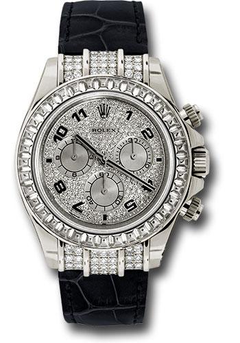 Rolex White Gold Cosmograph Daytona 40mm Watch - Baguette Bezel, Pave Diamond Arabic Dial - Black Leather Strap - 116599TBR