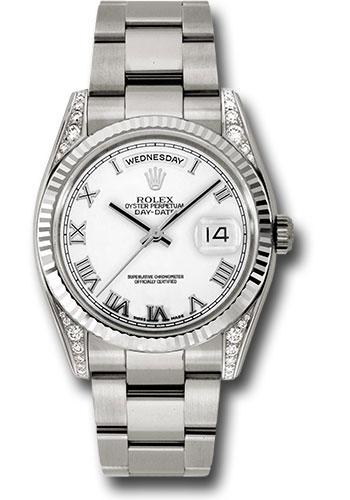 Rolex White Gold Day-Date 36mmm Watch - 18k White Gold Fluted Bezel - Diamond Lugs, White Roman Dial - Oyster Bracelet - (Discontinued Model) 118339 wro